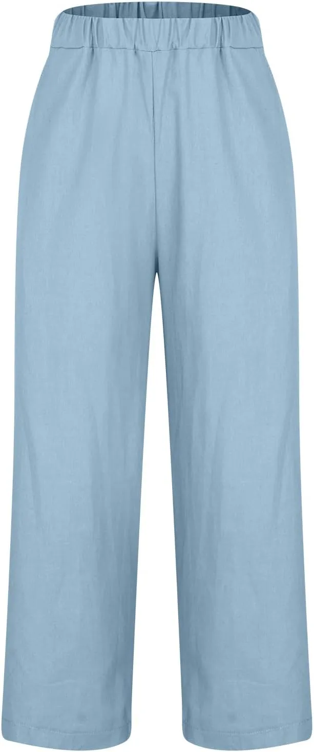 Womens Wide Leg Linen Pants Long High Waisted Elastic Pants Paperbag Waist Wide Leg Pants Lounge Casual Wear Pants