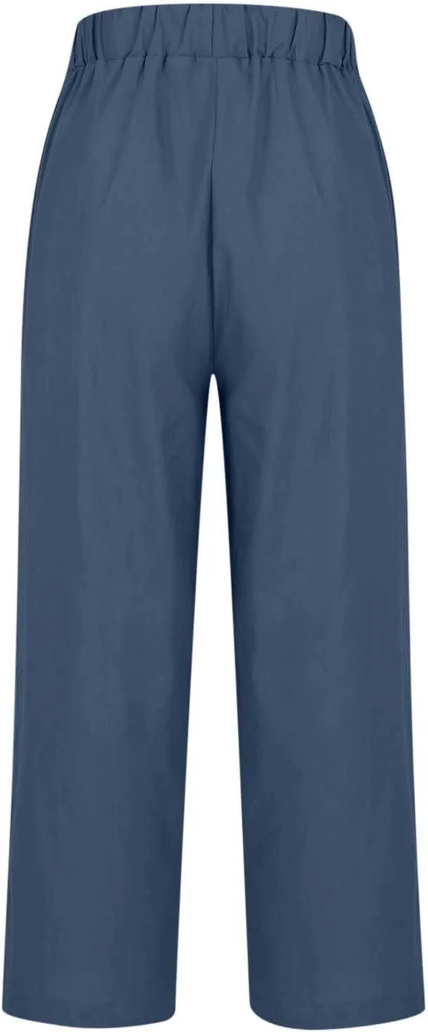 Womens Wide Leg Linen Pants Long High Waisted Elastic Pants Paperbag Waist Wide Leg Pants Lounge Casual Wear Pants