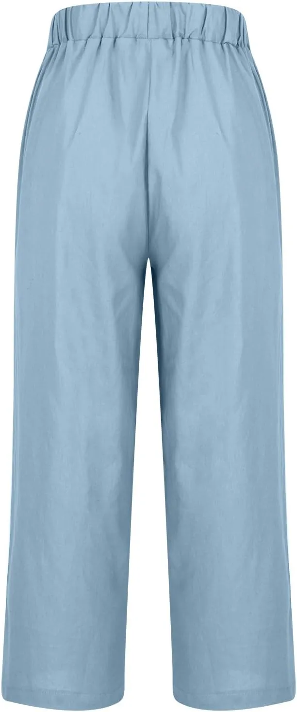 Womens Wide Leg Linen Pants Long High Waisted Elastic Pants Paperbag Waist Wide Leg Pants Lounge Casual Wear Pants