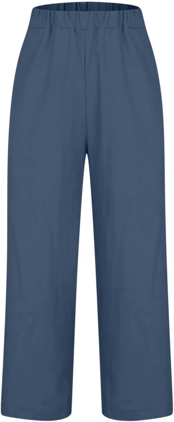 Womens Wide Leg Linen Pants Long High Waisted Elastic Pants Paperbag Waist Wide Leg Pants Lounge Casual Wear Pants
