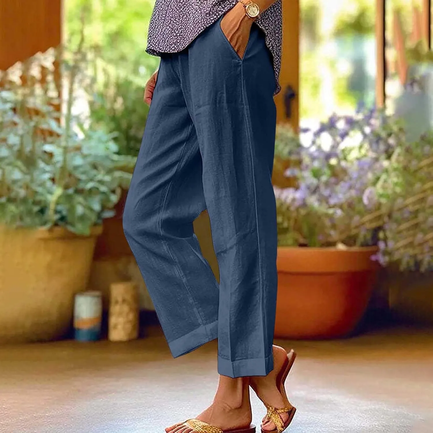 Womens Wide Leg Linen Pants Long High Waisted Elastic Pants Paperbag Waist Wide Leg Pants Lounge Casual Wear Pants