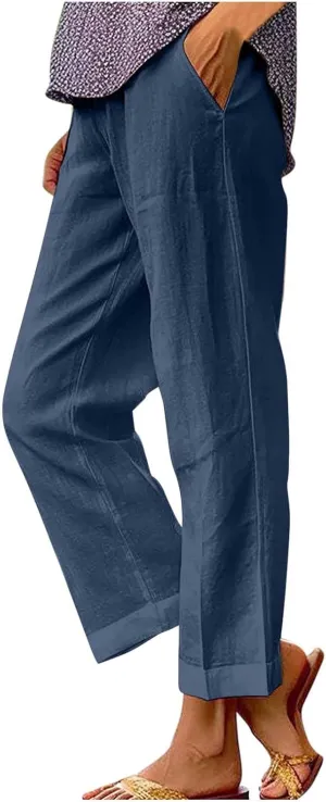 Womens Wide Leg Linen Pants Long High Waisted Elastic Pants Paperbag Waist Wide Leg Pants Lounge Casual Wear Pants
