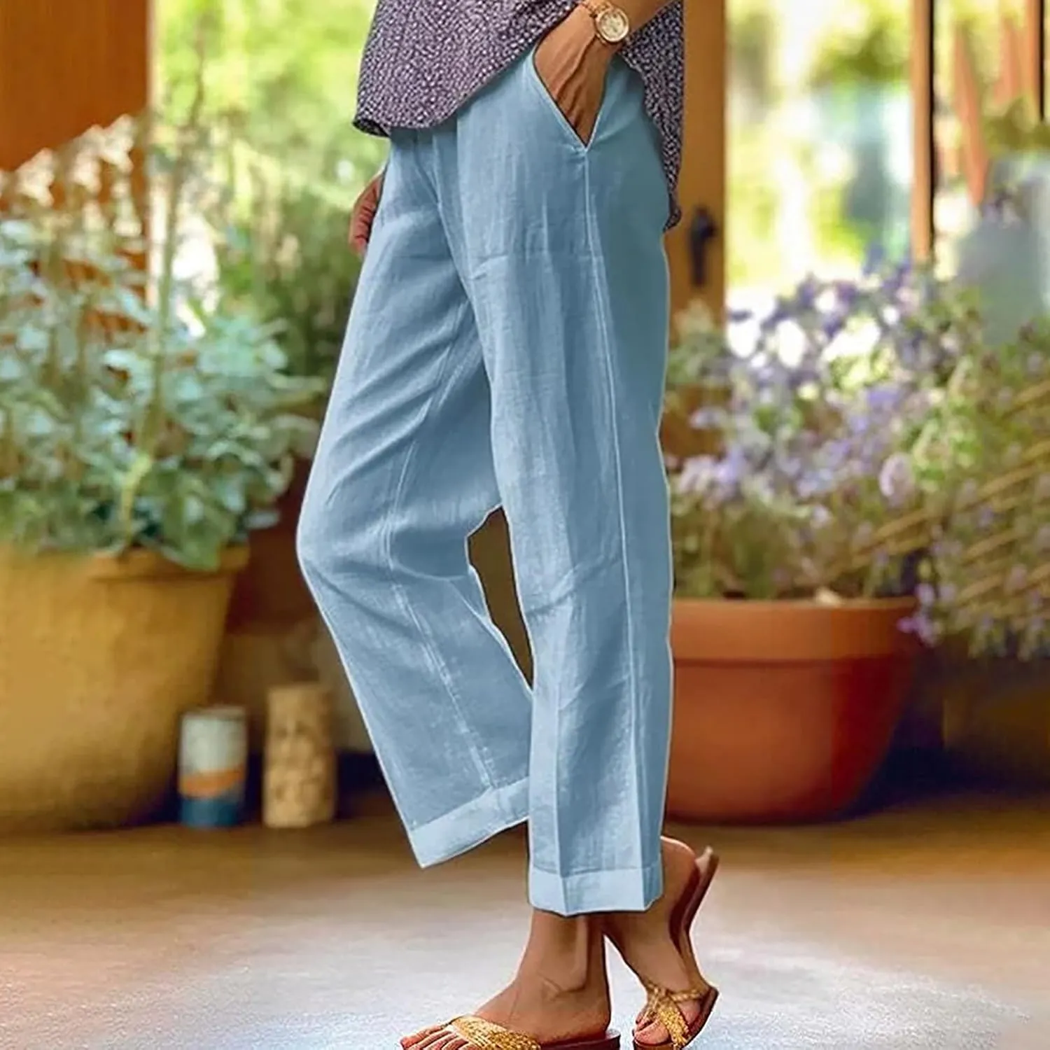 Womens Wide Leg Linen Pants Long High Waisted Elastic Pants Paperbag Waist Wide Leg Pants Lounge Casual Wear Pants