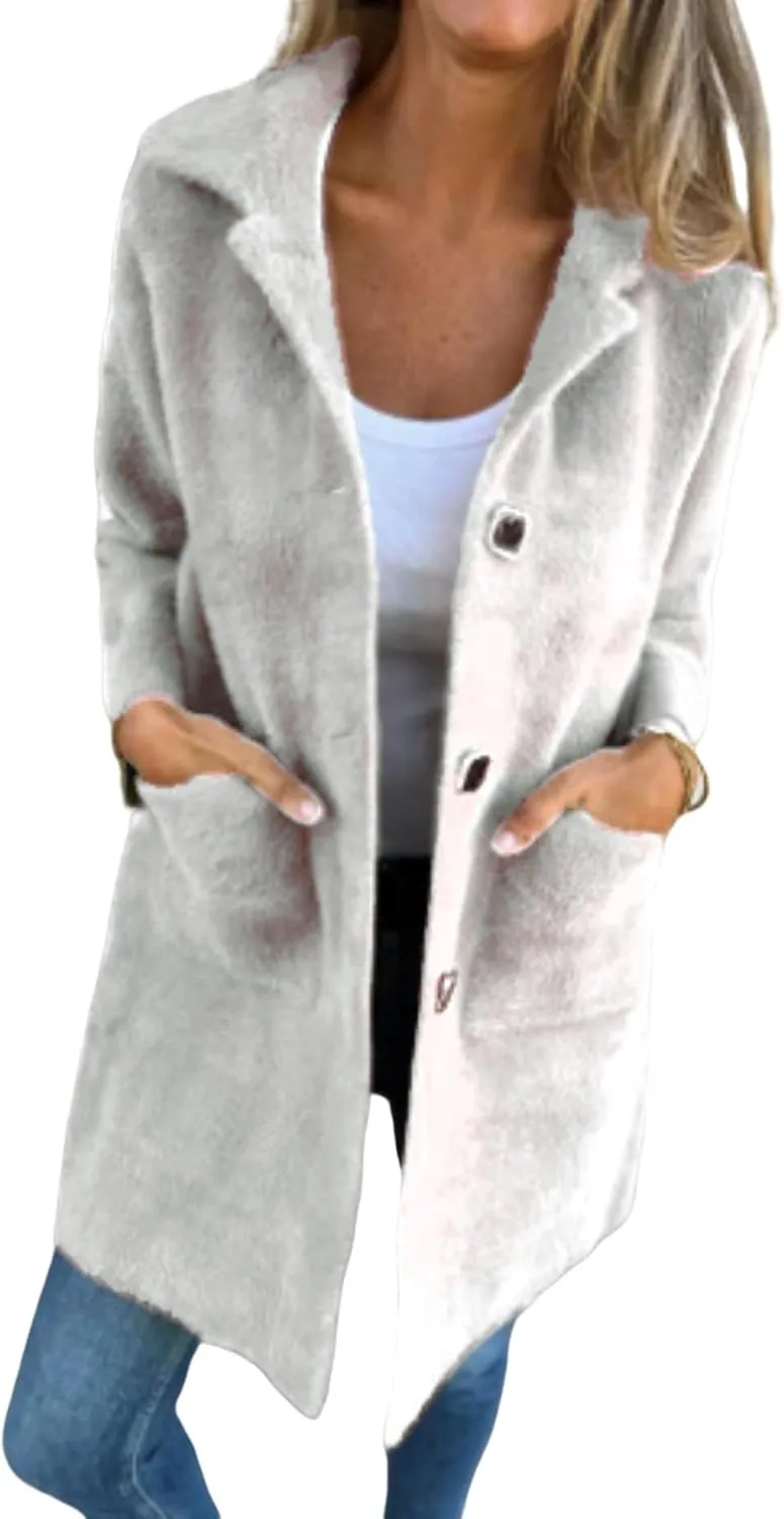 Women's Winter Coats Single Breasted Jacket Open Front Lapel Collar Cardigan Wool Blend Overcoat Solid Color Trendy Outwear