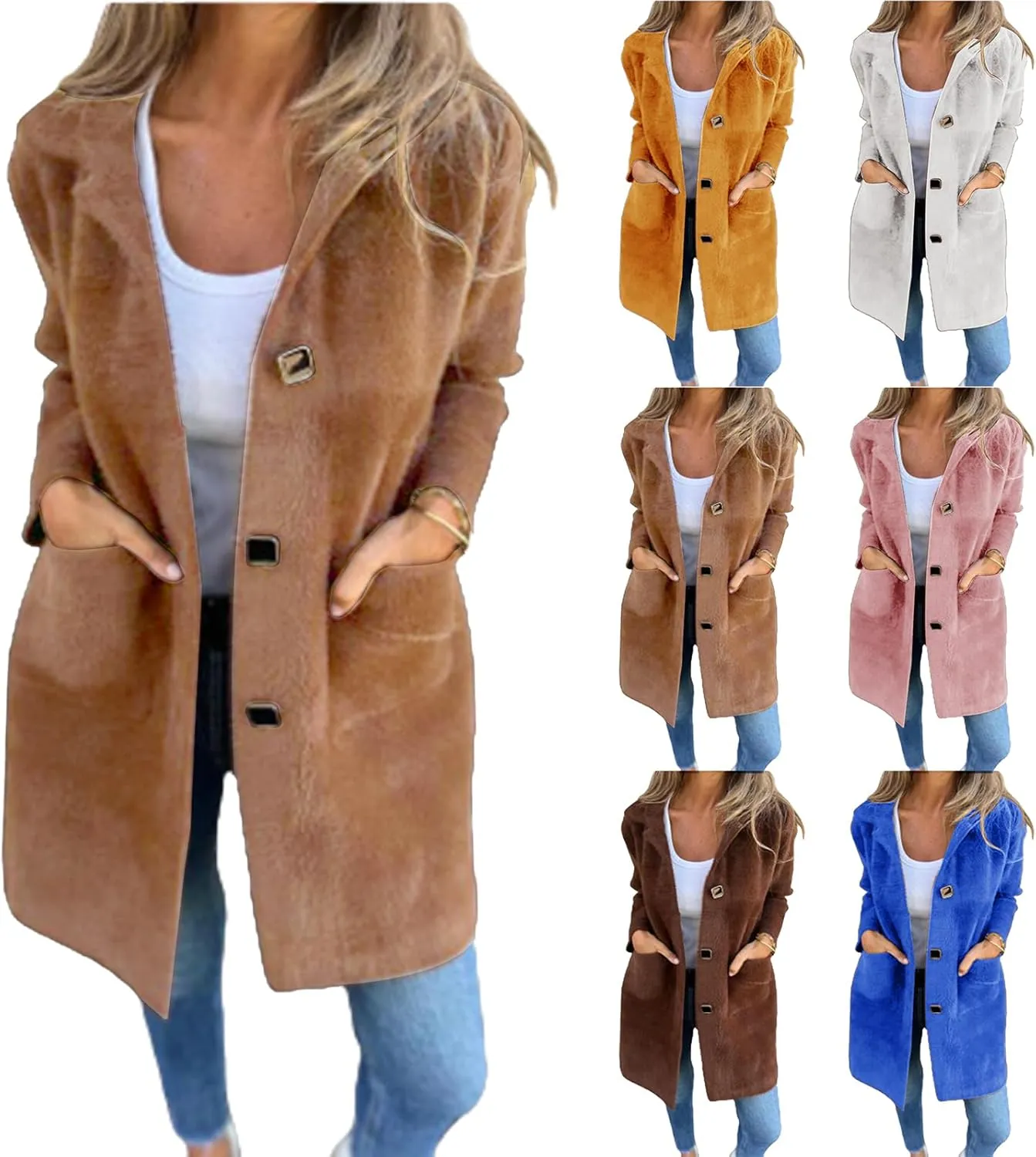Women's Winter Coats Single Breasted Jacket Open Front Lapel Collar Cardigan Wool Blend Overcoat Solid Color Trendy Outwear