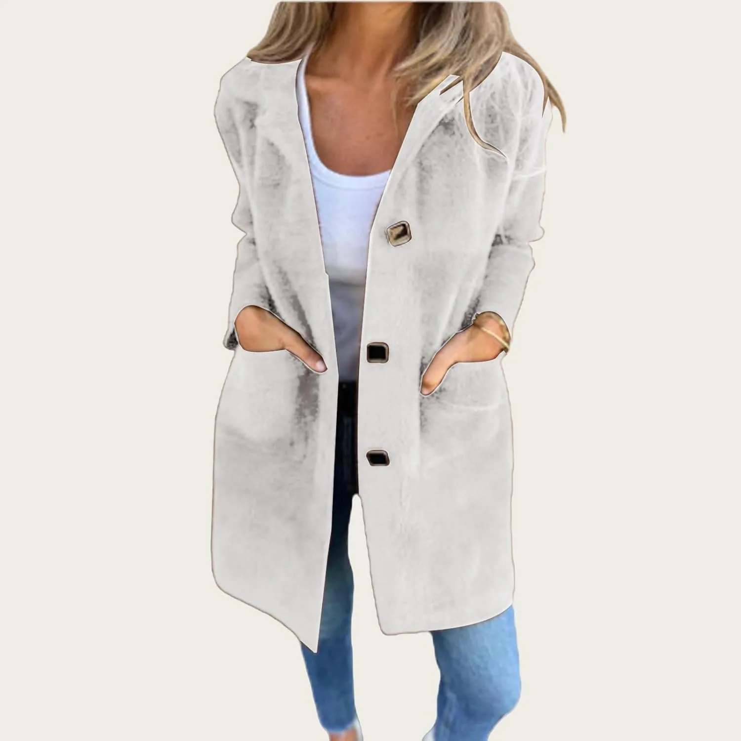 Women's Winter Coats Single Breasted Jacket Open Front Lapel Collar Cardigan Wool Blend Overcoat Solid Color Trendy Outwear
