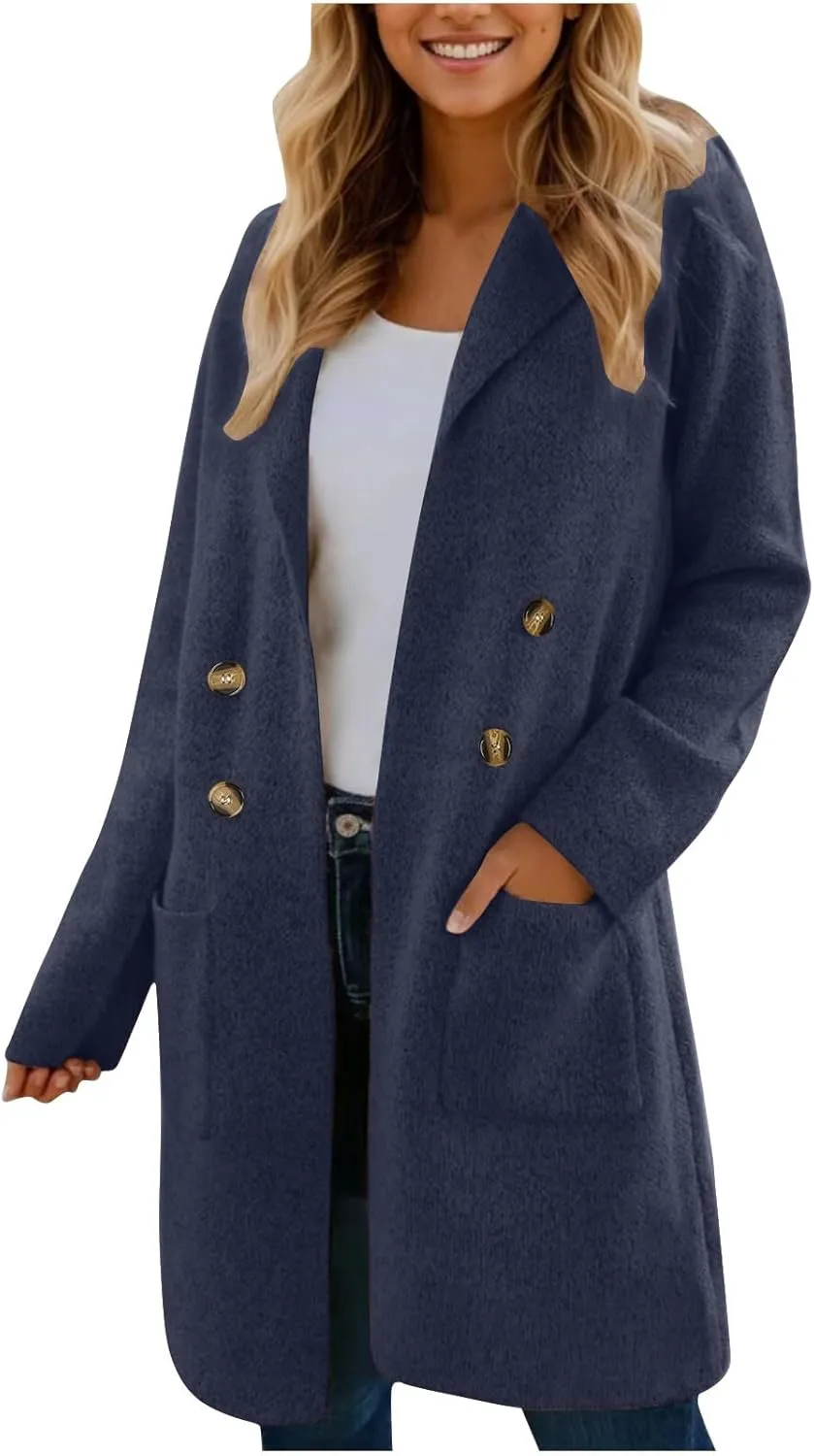 Womens Winter Pea Coat Casual Notch Lapel Single-Breasted Wool Blend Knee Length Trench Coat Jackets with Pockets
