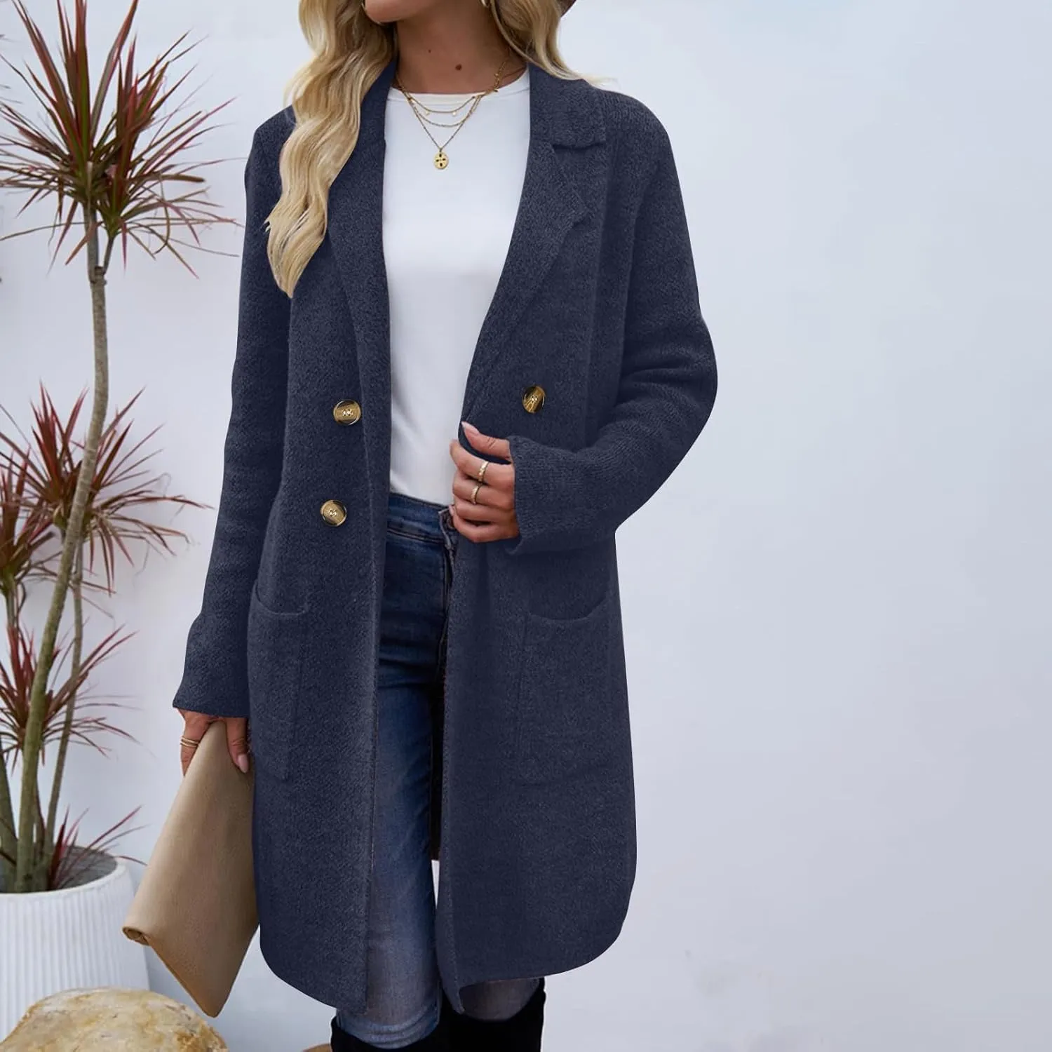 Womens Winter Pea Coat Casual Notch Lapel Single-Breasted Wool Blend Knee Length Trench Coat Jackets with Pockets