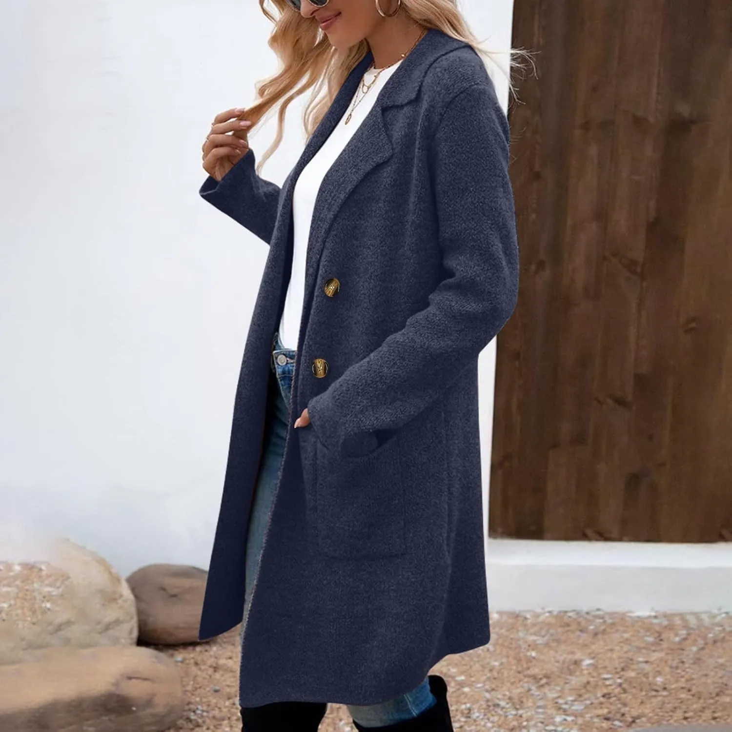 Womens Winter Pea Coat Casual Notch Lapel Single-Breasted Wool Blend Knee Length Trench Coat Jackets with Pockets