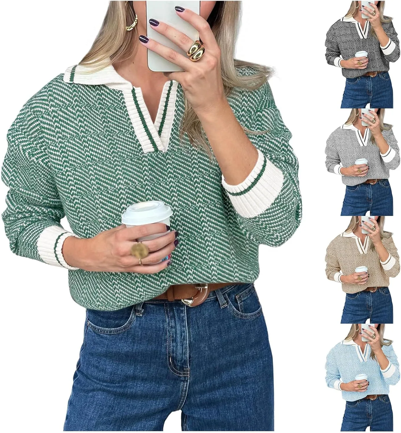Womens Winter Sweaters Color Block Long Sleeve Knit Pullover Tops Oversized V Neck Lapel Cropped Sweater Jumper