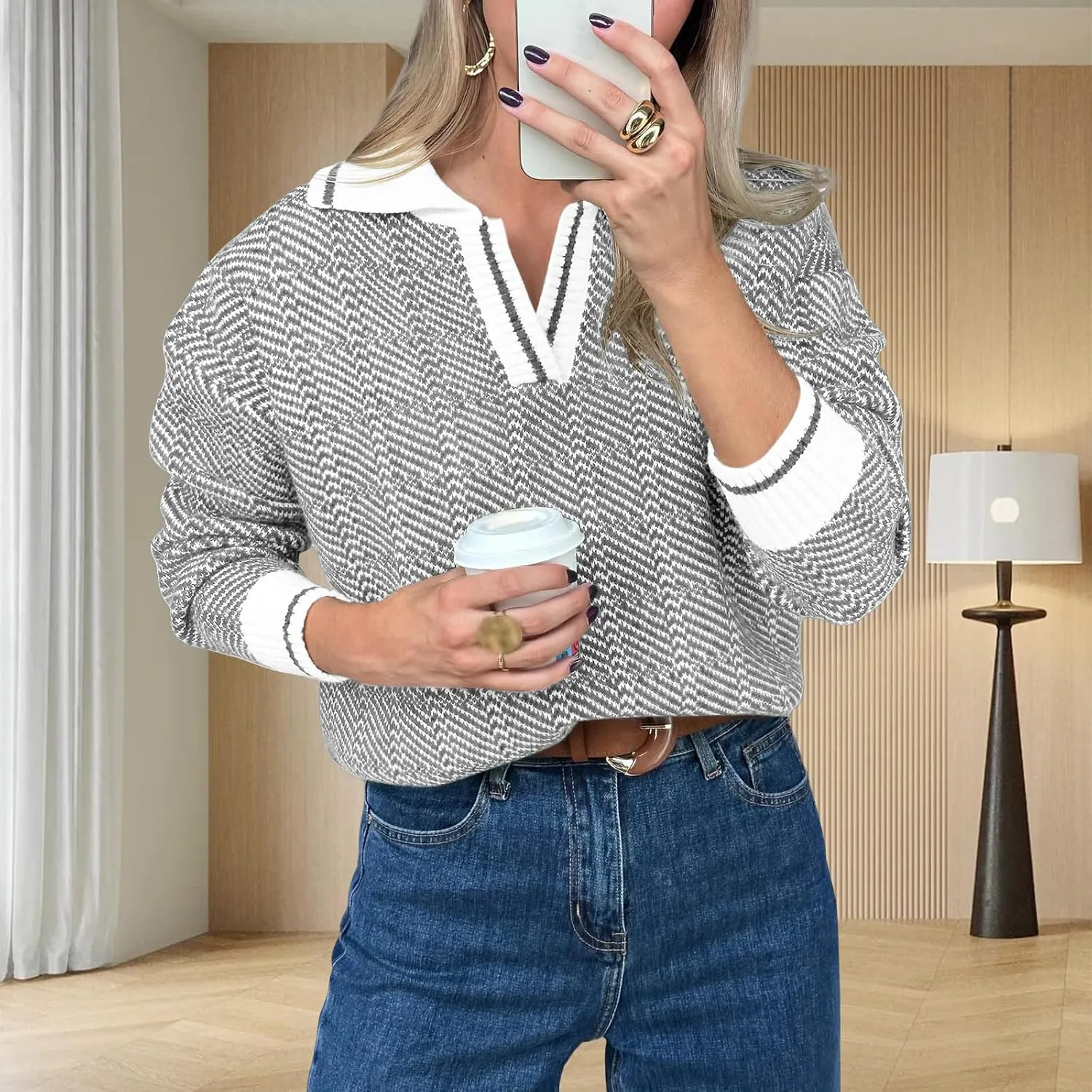 Womens Winter Sweaters Color Block Long Sleeve Knit Pullover Tops Oversized V Neck Lapel Cropped Sweater Jumper