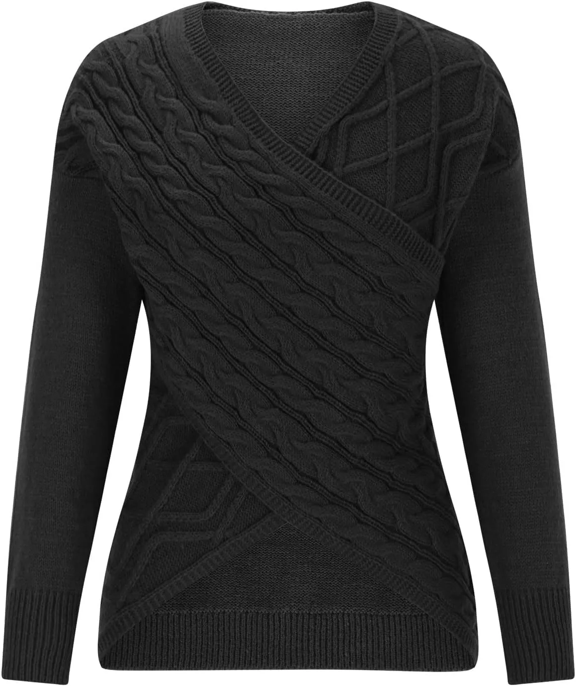 Women's Wrap Front Pullover Sweater Jumper V Neck Criss Cross Long Sleeve Asymmetrical Sweater Cable Knit Tops
