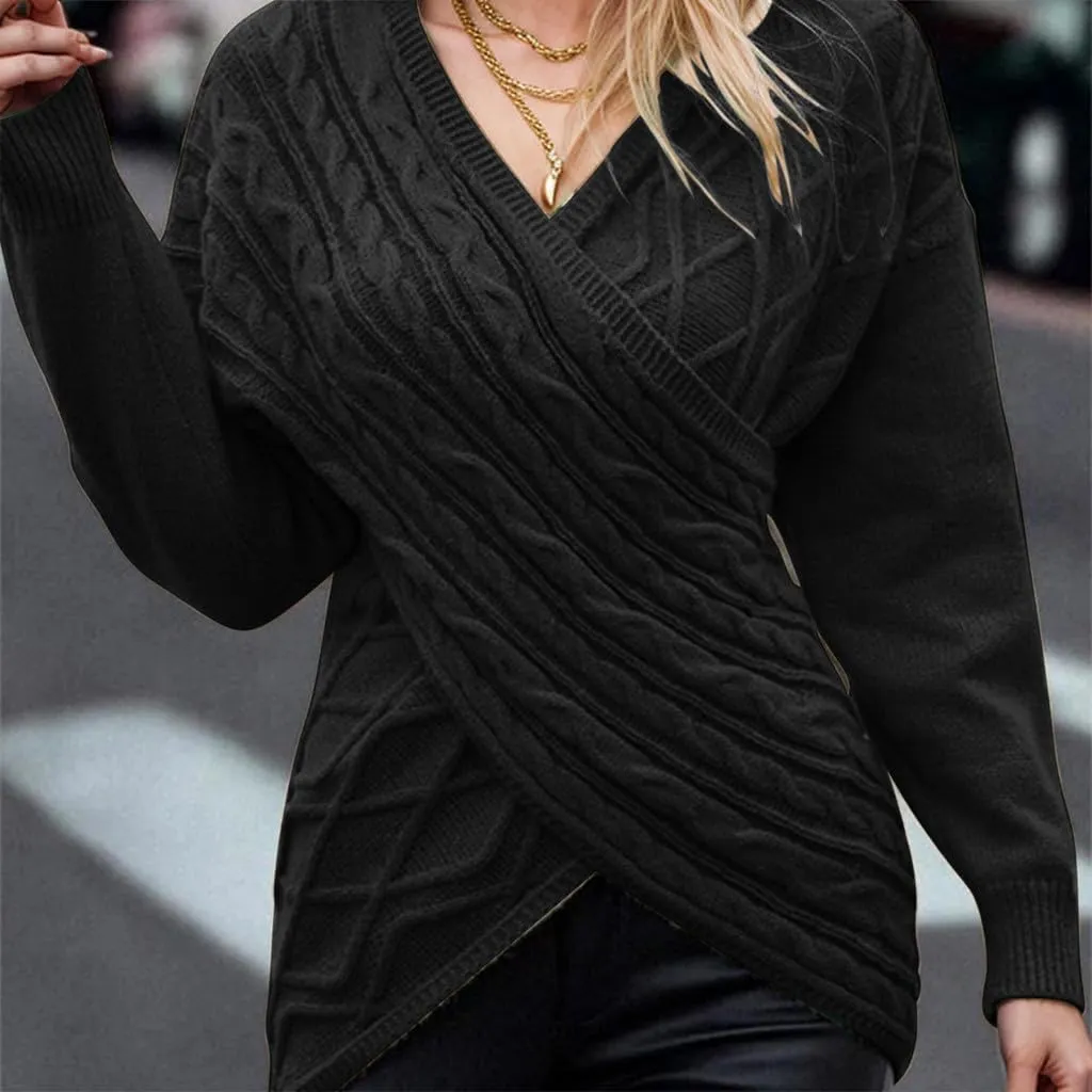 Women's Wrap Front Pullover Sweater Jumper V Neck Criss Cross Long Sleeve Asymmetrical Sweater Cable Knit Tops