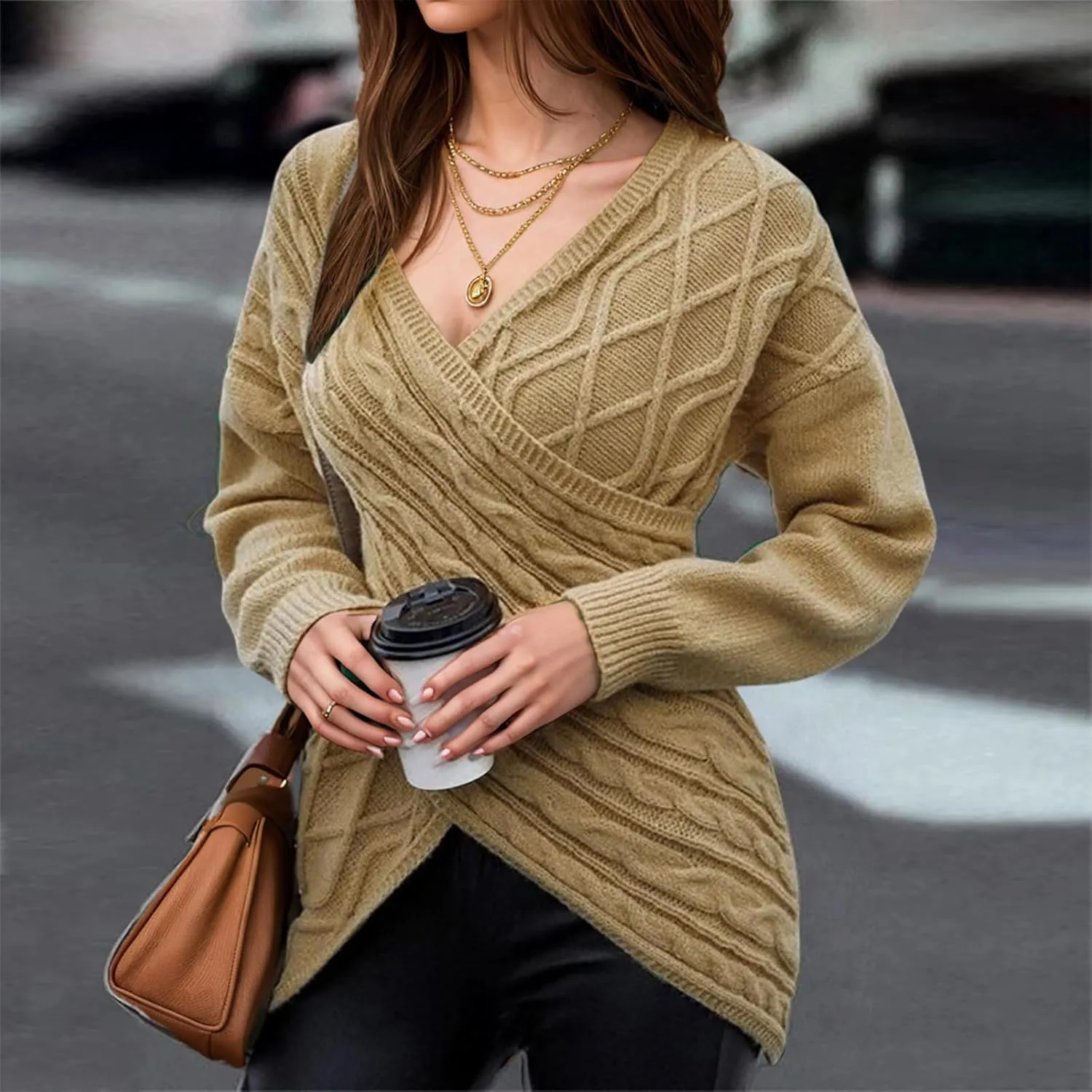Women's Wrap Front Pullover Sweater Jumper V Neck Criss Cross Long Sleeve Asymmetrical Sweater Cable Knit Tops