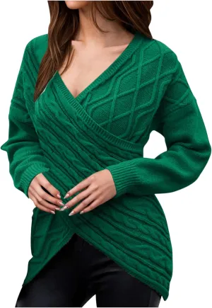 Women's Wrap Front Pullover Sweater Jumper V Neck Criss Cross Long Sleeve Asymmetrical Sweater Cable Knit Tops