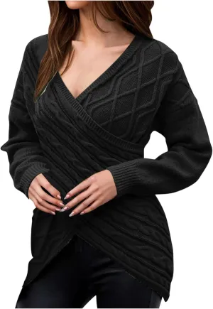 Women's Wrap Front Pullover Sweater Jumper V Neck Criss Cross Long Sleeve Asymmetrical Sweater Cable Knit Tops