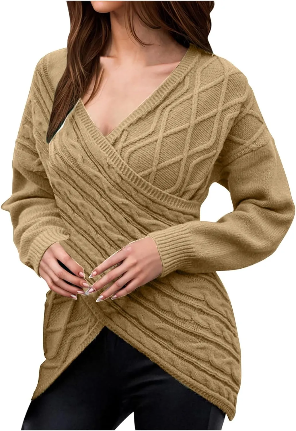 Women's Wrap Front Pullover Sweater Jumper V Neck Criss Cross Long Sleeve Asymmetrical Sweater Cable Knit Tops