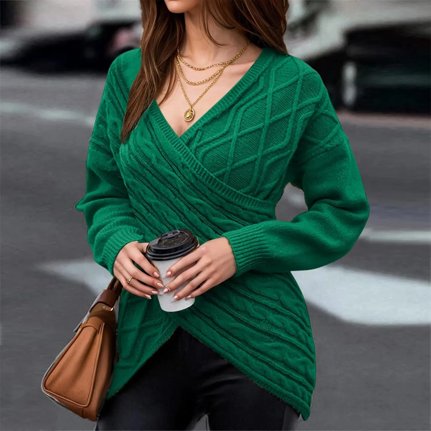 Women's Wrap Front Pullover Sweater Jumper V Neck Criss Cross Long Sleeve Asymmetrical Sweater Cable Knit Tops