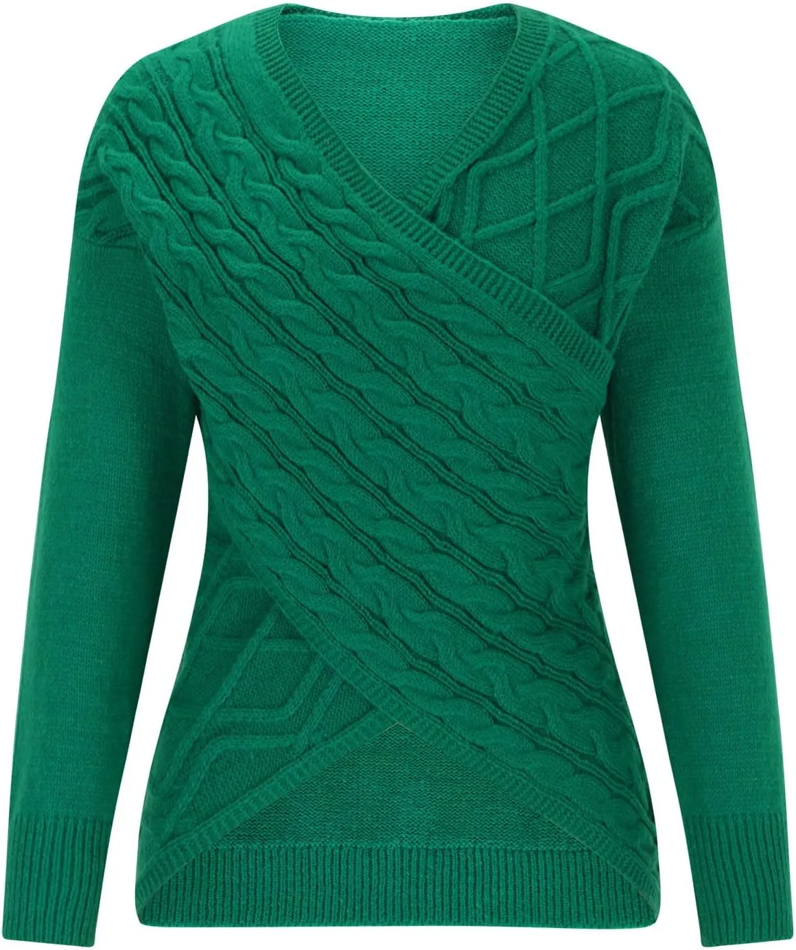 Women's Wrap Front Pullover Sweater Jumper V Neck Criss Cross Long Sleeve Asymmetrical Sweater Cable Knit Tops