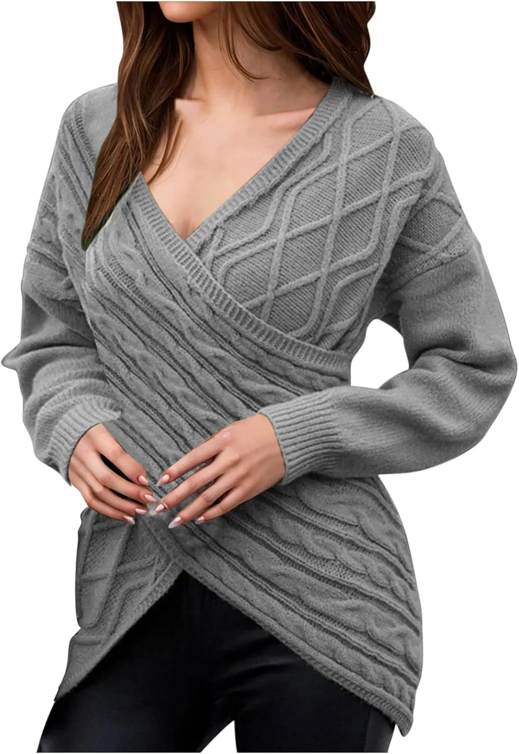 Women's Wrap Front Pullover Sweater Jumper V Neck Criss Cross Long Sleeve Asymmetrical Sweater Cable Knit Tops