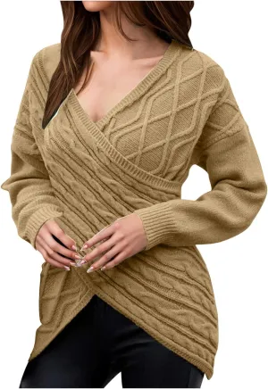 Women's Wrap Front Pullover Sweater Jumper V Neck Criss Cross Long Sleeve Asymmetrical Sweater Cable Knit Tops