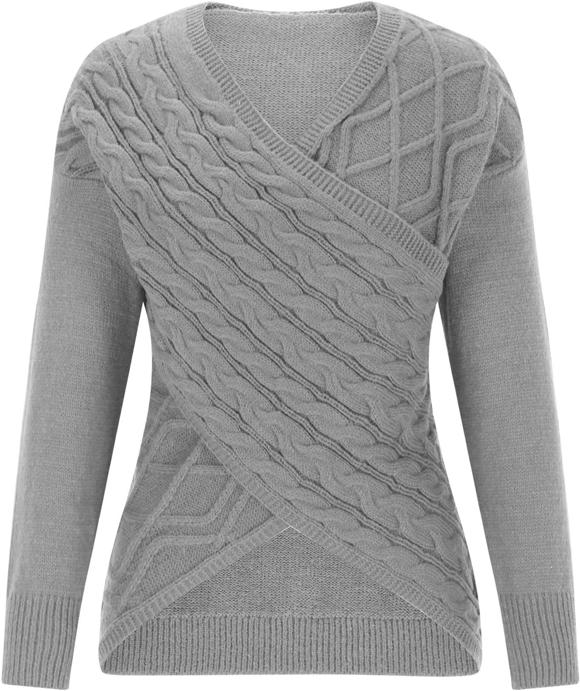Women's Wrap Front Pullover Sweater Jumper V Neck Criss Cross Long Sleeve Asymmetrical Sweater Cable Knit Tops