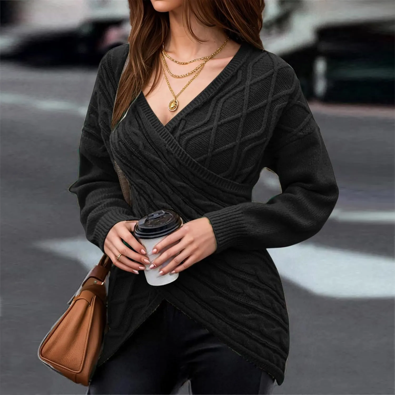 Women's Wrap Front Pullover Sweater Jumper V Neck Criss Cross Long Sleeve Asymmetrical Sweater Cable Knit Tops