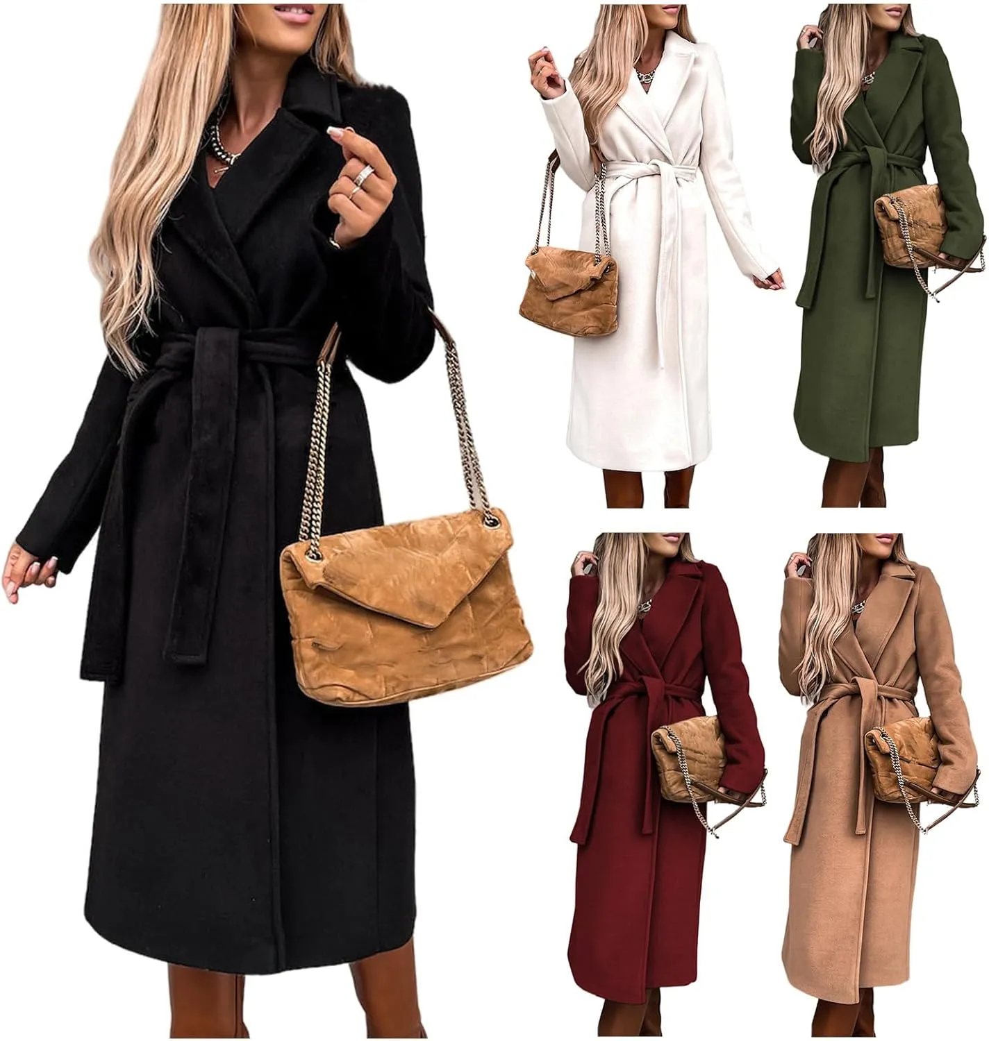 Wool Blend Trench Coat Women Lapel Collar Long Outerwear Casual Open Front Long Jacket Winter Warm Overcoat with Belt