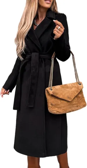 Wool Blend Trench Coat Women Lapel Collar Long Outerwear Casual Open Front Long Jacket Winter Warm Overcoat with Belt
