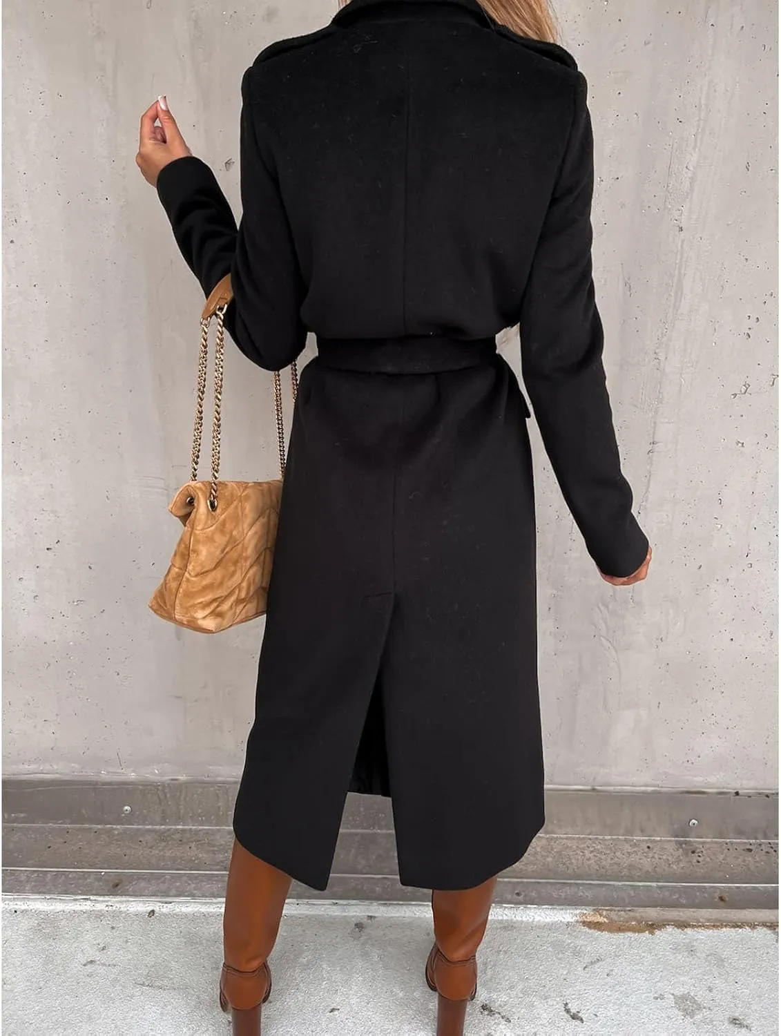 Wool Blend Trench Coat Women Lapel Collar Long Outerwear Casual Open Front Long Jacket Winter Warm Overcoat with Belt