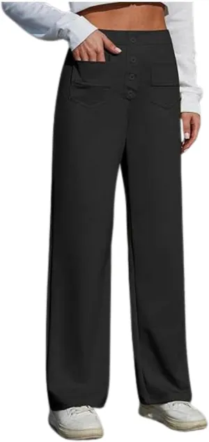 Work Pants for Women Fashion Straight Leg Loose Fit High Waisted Trousers Button Down Casual Comfort Pants with Pockets