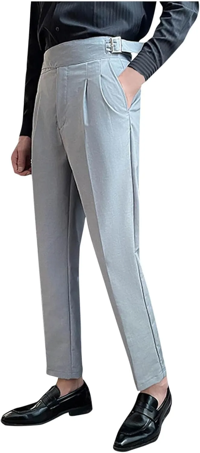 Xiaojmake Mens Italian Style Pants Fold Pleated Tailored Dress Dressy Pants Ankle Length Work Office Business Trouser Slacks