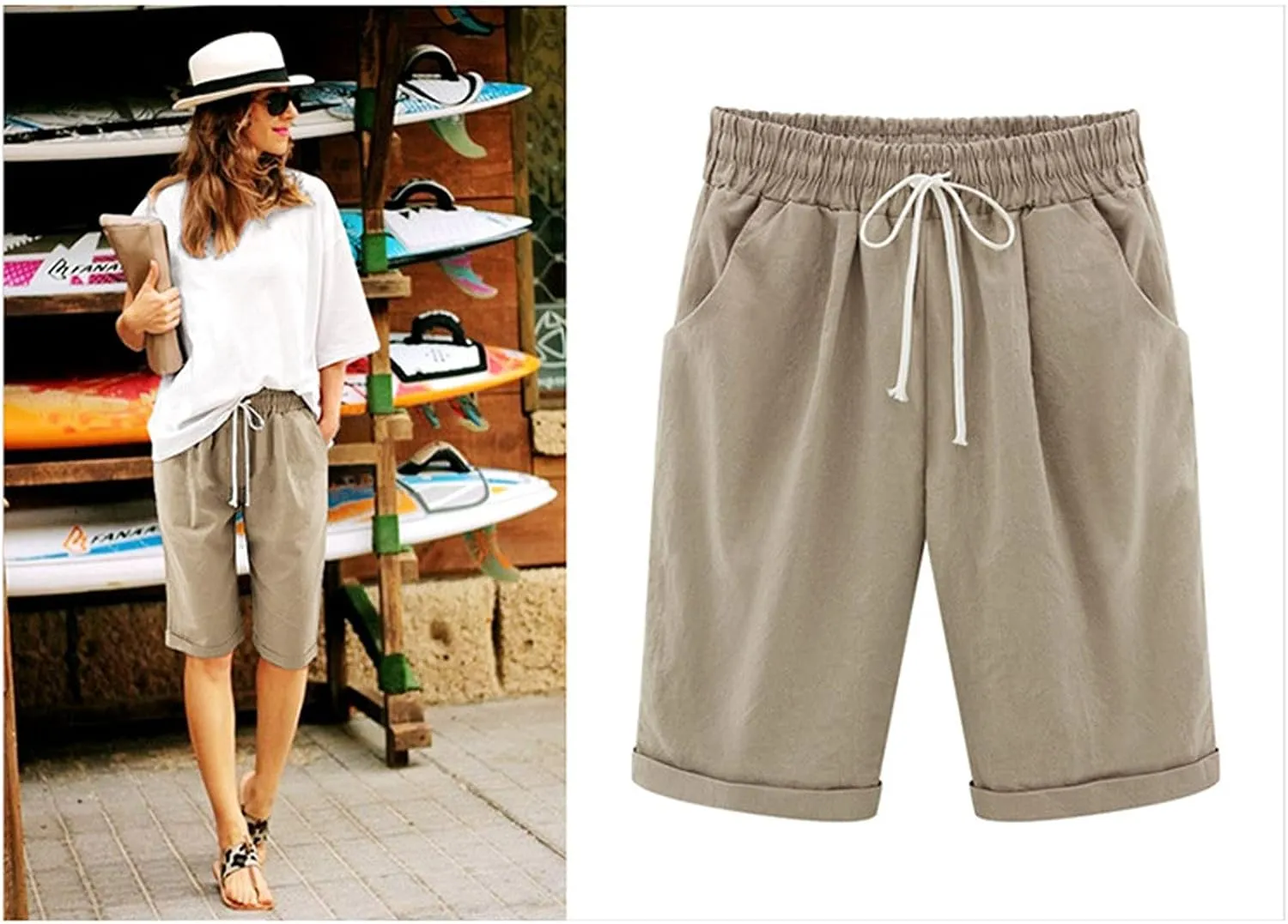 XUNRYAN Women's Bermuda Shorts Linen Cotton Long Shorts Shorts Athletic Yoga Workout Lounge Shorts Pockets Cargo Pants