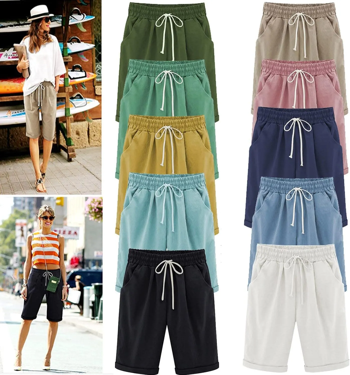 XUNRYAN Women's Bermuda Shorts Linen Cotton Long Shorts Shorts Athletic Yoga Workout Lounge Shorts Pockets Cargo Pants