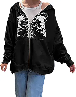 Y2K Hoodies for Women Full Zip Up Print Graphic Oversized Pockets Hooded Jacket 90s Long Sleeve Sweatshirt Coat Goth Dark