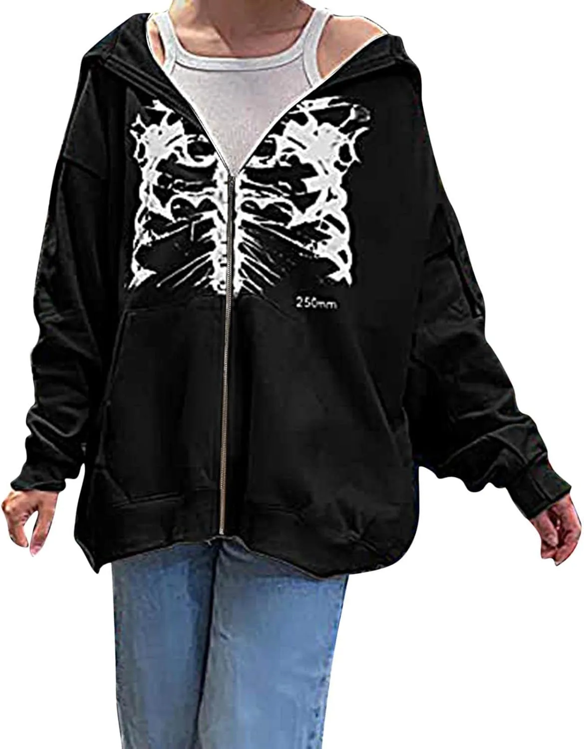 Y2K Hoodies for Women Full Zip Up Print Graphic Oversized Pockets Hooded Jacket 90s Long Sleeve Sweatshirt Coat Goth Dark