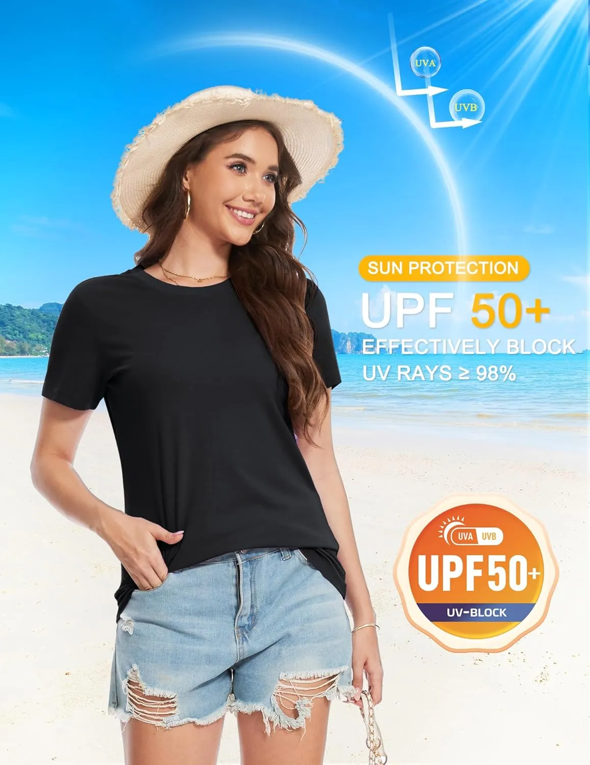 YUCOLEN Women's Cotton Short Sleeve Shirts UPF 50  Soft Breathable Crew Neck T-Shirts Basic Tops