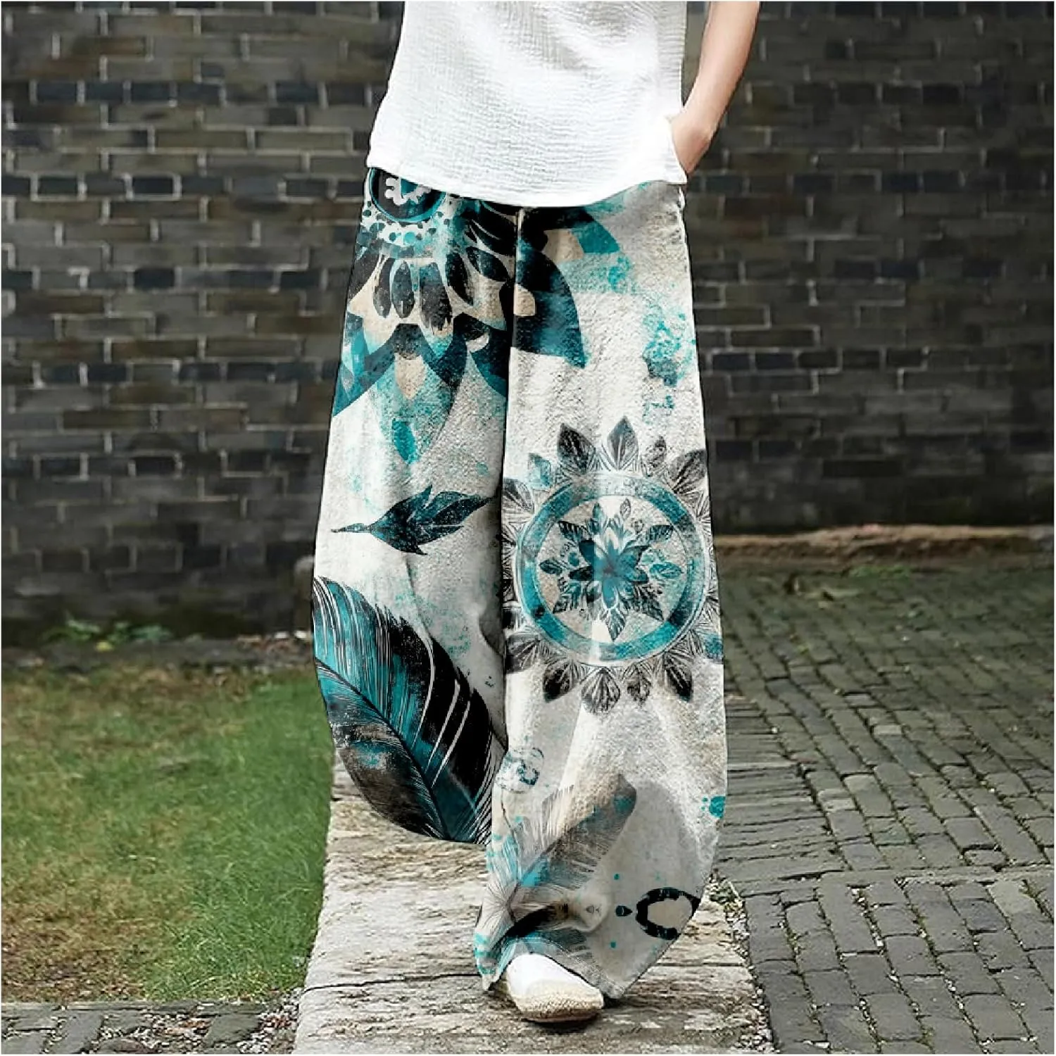 ZOCAVIA Cotton Linen Pants for Women Summer Causal Baggy Wide Leg Pants Waist Elastic Relax Fit Lantern Trouser with Pockets