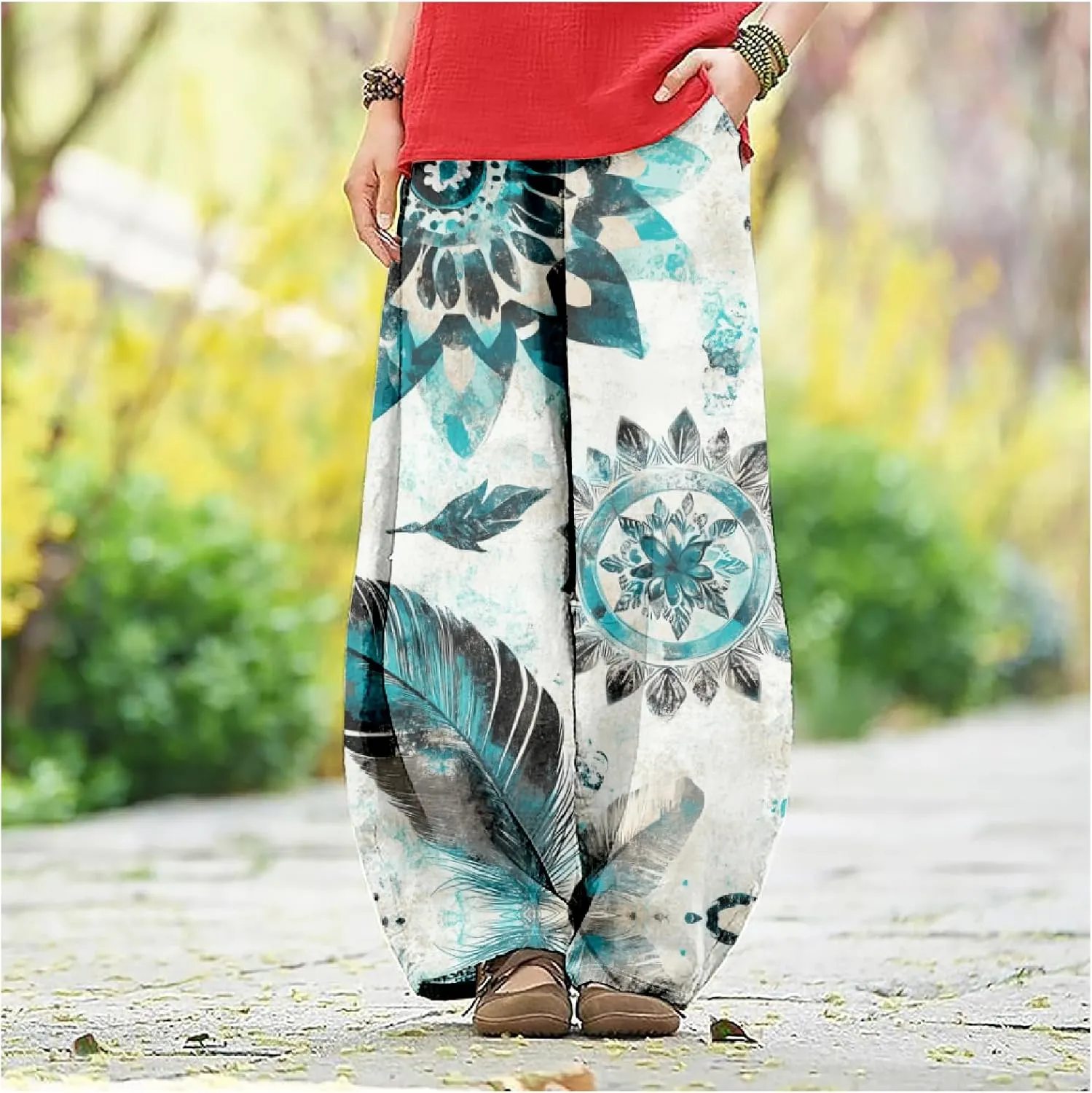 ZOCAVIA Cotton Linen Pants for Women Summer Causal Baggy Wide Leg Pants Waist Elastic Relax Fit Lantern Trouser with Pockets