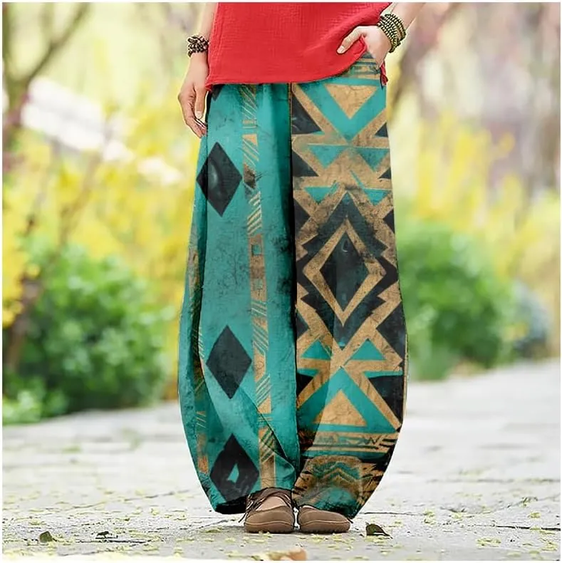 ZOCAVIA Womens Aztec Print Lantern Pants Western Causal Cotton Linen Wide Leg Pants Waist Elastic Hippie Trouser with Pockets