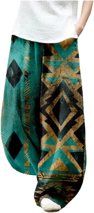 ZOCAVIA Womens Aztec Print Lantern Pants Western Causal Cotton Linen Wide Leg Pants Waist Elastic Hippie Trouser with Pockets