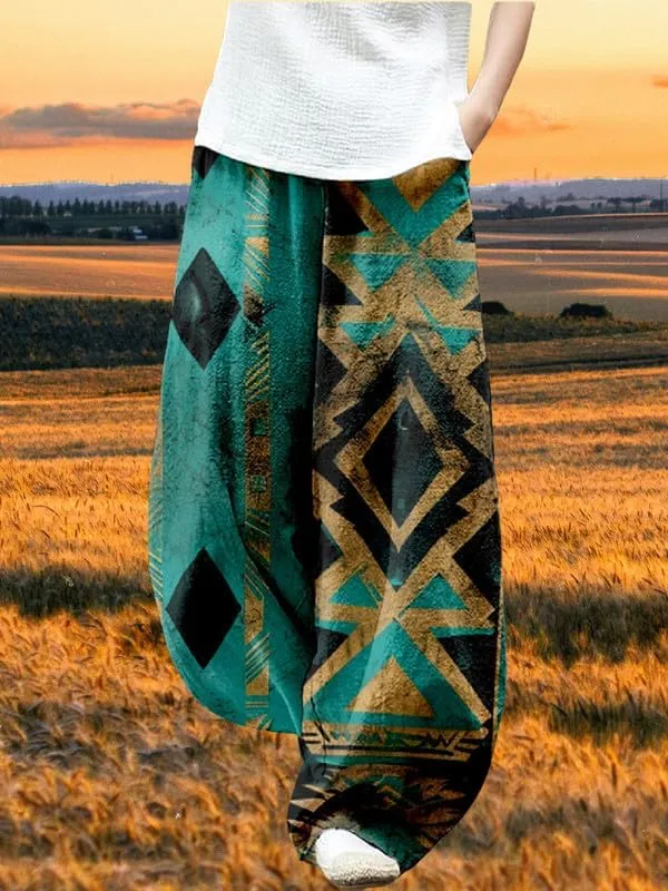 ZOCAVIA Womens Aztec Print Lantern Pants Western Causal Cotton Linen Wide Leg Pants Waist Elastic Hippie Trouser with Pockets