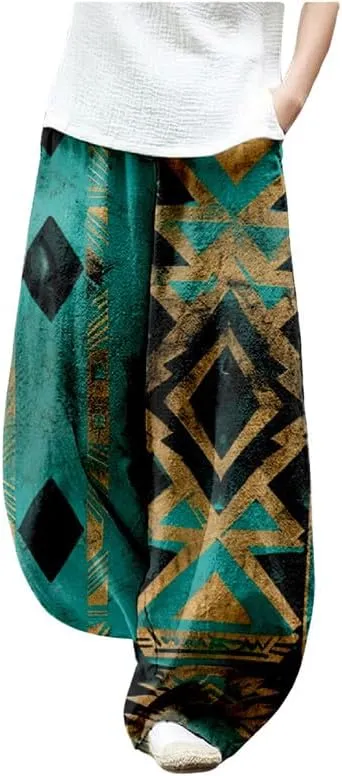 ZOCAVIA Womens Aztec Print Lantern Pants Western Causal Cotton Linen Wide Leg Pants Waist Elastic Hippie Trouser with Pockets