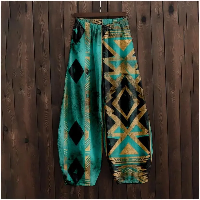 ZOCAVIA Womens Aztec Print Lantern Pants Western Causal Cotton Linen Wide Leg Pants Waist Elastic Hippie Trouser with Pockets