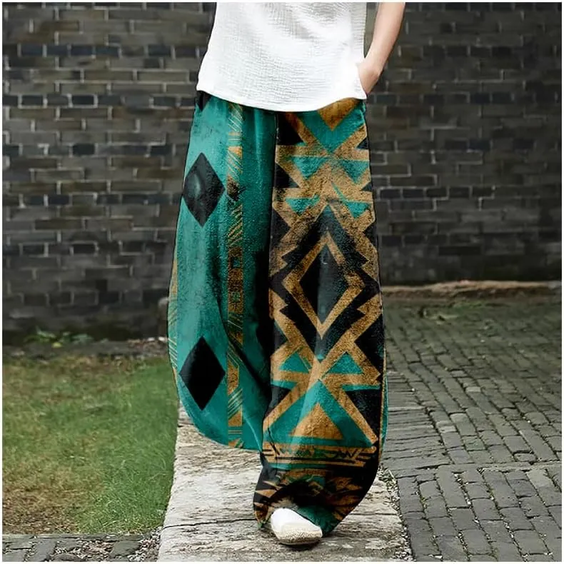ZOCAVIA Womens Aztec Print Lantern Pants Western Causal Cotton Linen Wide Leg Pants Waist Elastic Hippie Trouser with Pockets