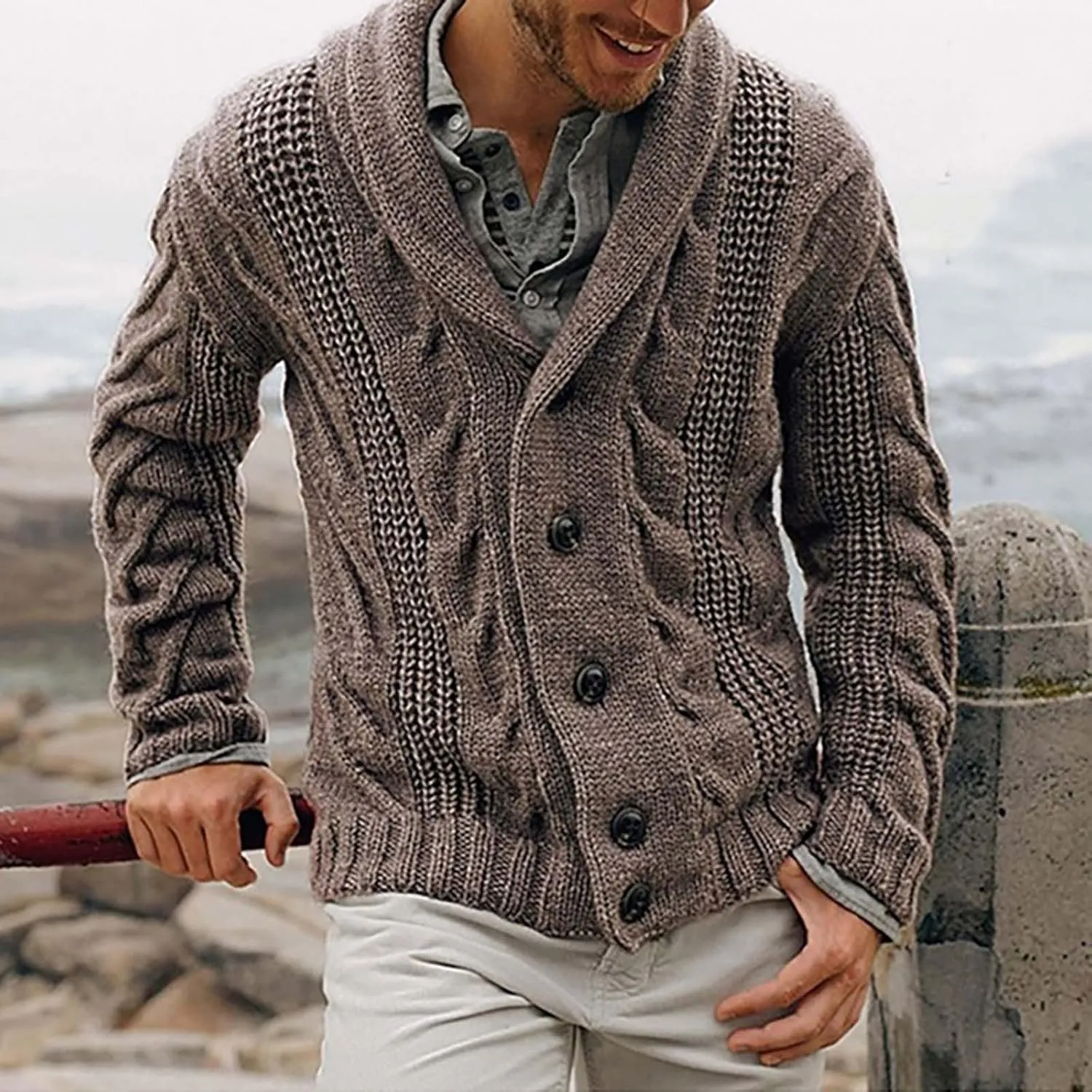 ZYXTIM Mens Cable Knit Cardigan Sweater Shawl Collar Button Chunky Warm Spring Jackets Fisherman Casual Cardigans Big&Tall