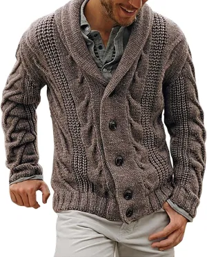 ZYXTIM Mens Cable Knit Cardigan Sweater Shawl Collar Button Chunky Warm Spring Jackets Fisherman Casual Cardigans Big&Tall