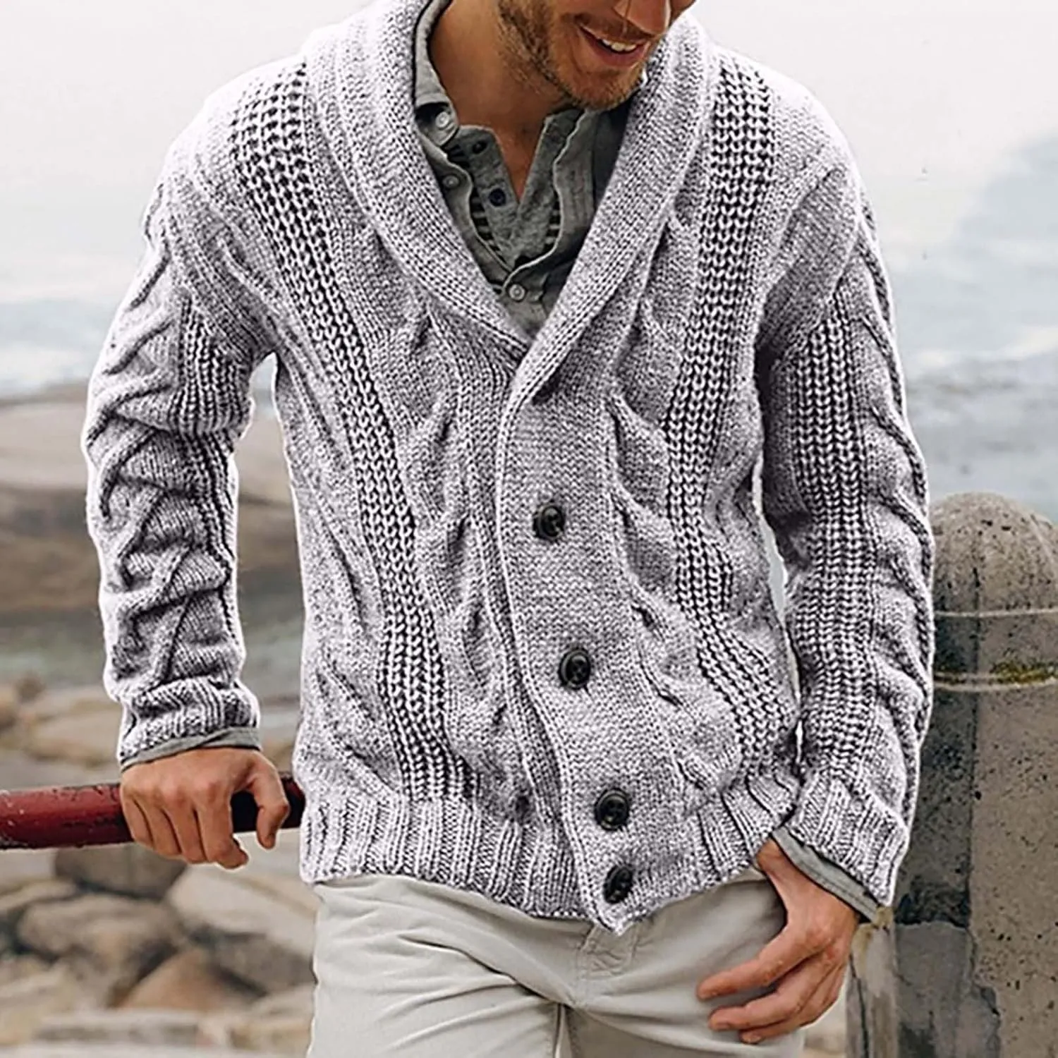 ZYXTIM Mens Cable Knit Cardigan Sweater Shawl Collar Button Chunky Warm Spring Jackets Fisherman Casual Cardigans Big&Tall