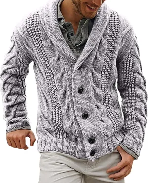 ZYXTIM Mens Cable Knit Cardigan Sweater Shawl Collar Button Chunky Warm Spring Jackets Fisherman Casual Cardigans Big&Tall